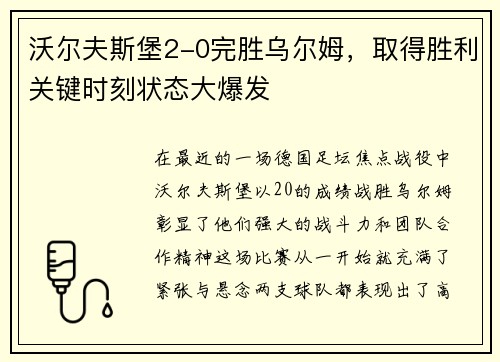 沃尔夫斯堡2-0完胜乌尔姆，取得胜利关键时刻状态大爆发